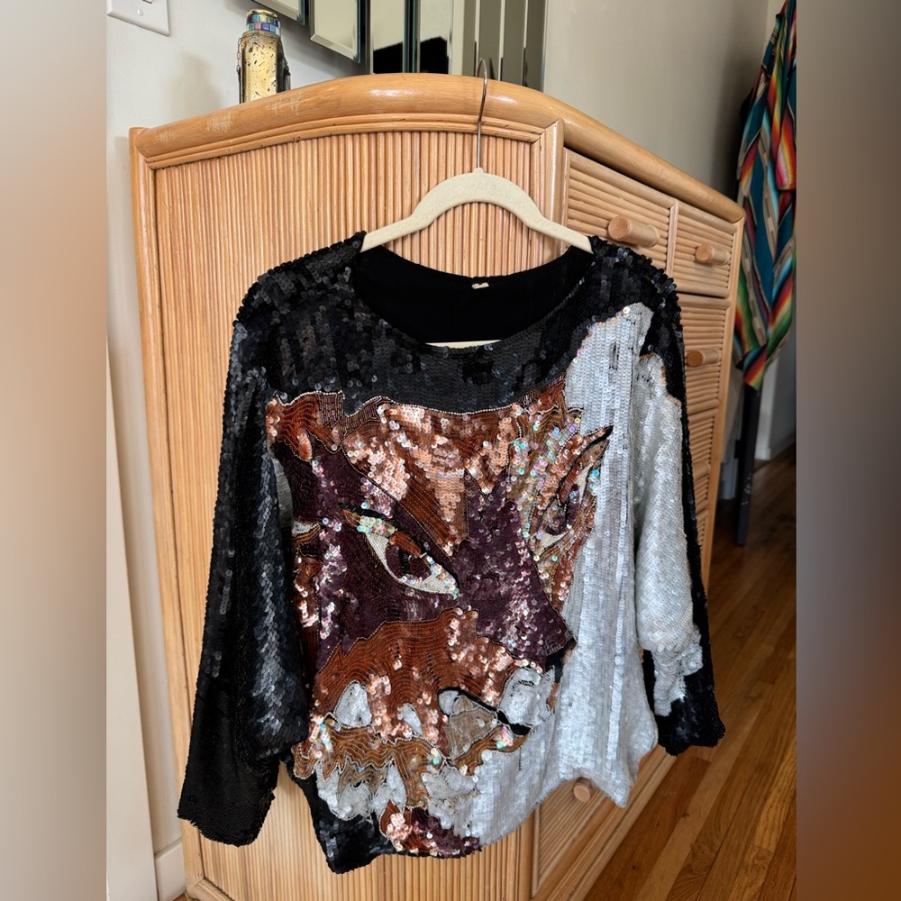 80s VTG • Sequin Fox Long Sleeve Top